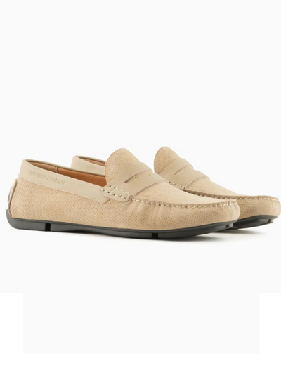Emporio Armani Micro-Perforated Suede Driving Loafers Found at Robert Simmonds Located in Downtown Fredericton, NB.